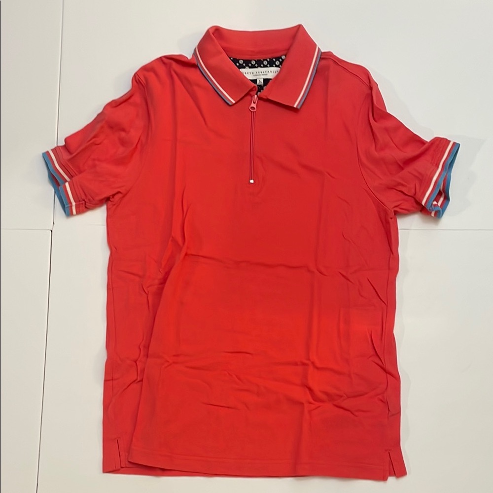Men's Zip Polo Shirt with Stripe detail, sleeves and collar.
